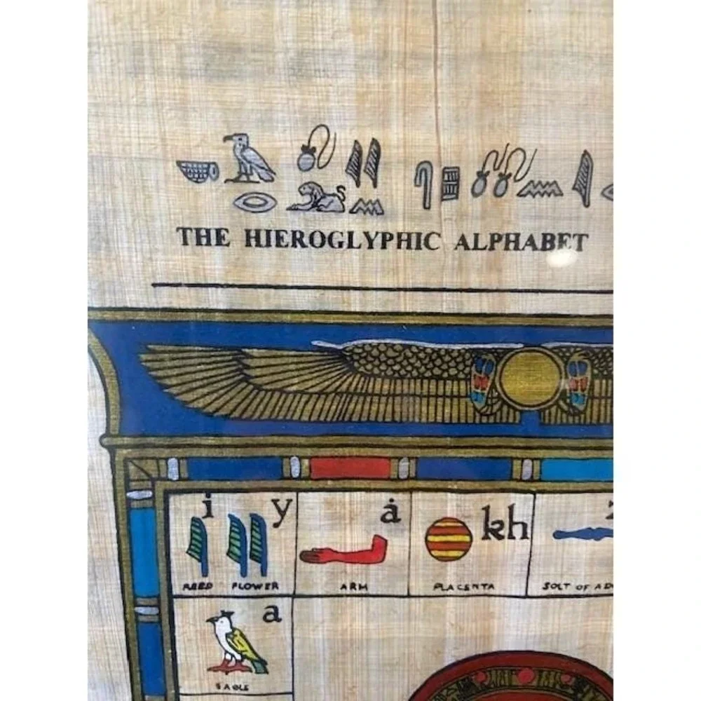 Egyptian Papyrus Art Signed Tarek Hieroglyphic Alphabet Ankh Vintage Frame 16x11
